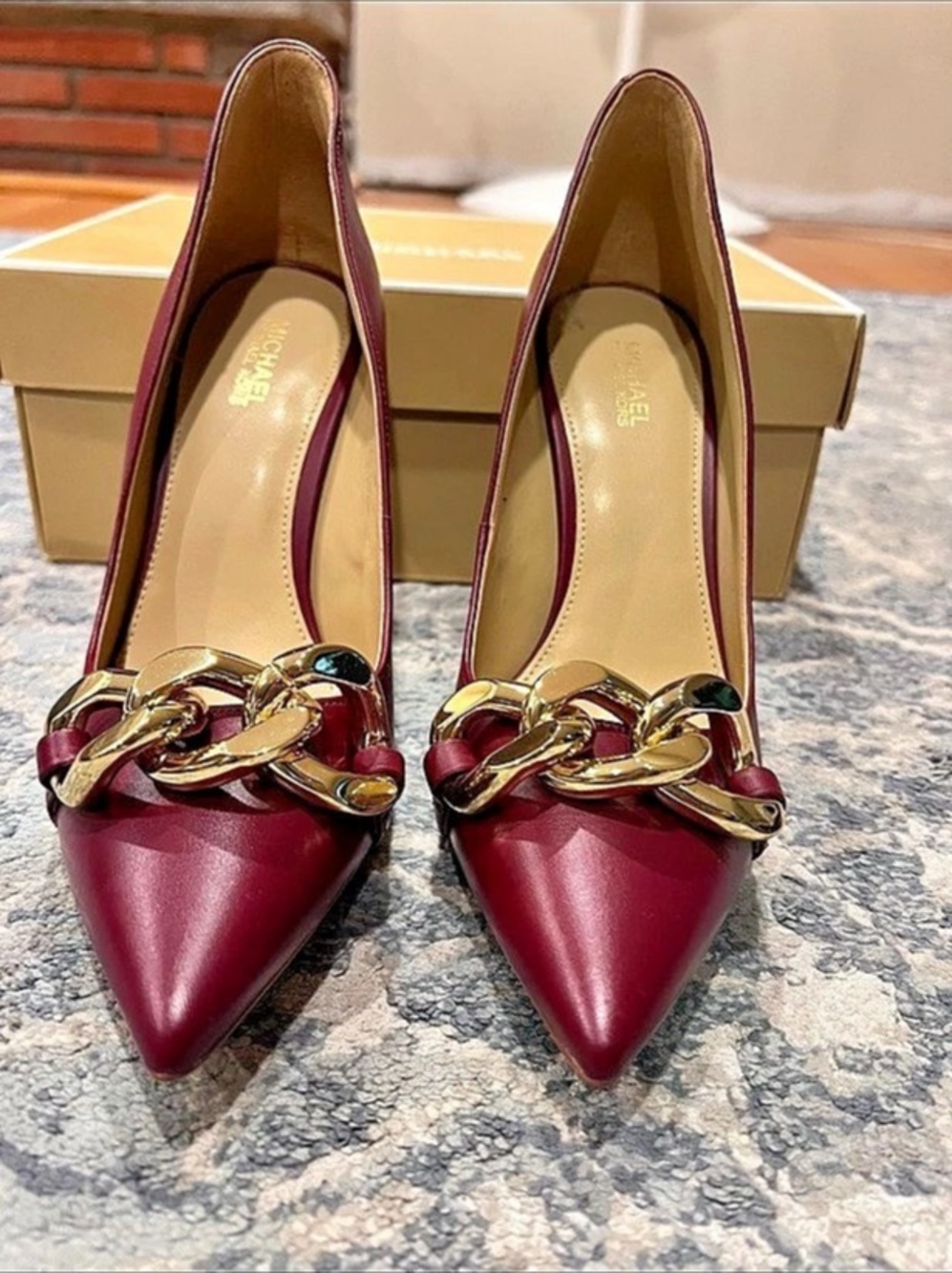 MICHAEL Kors Pointed Toe Chain Heels in Burgundy